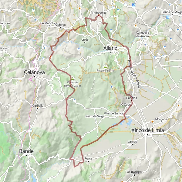Karten-Miniaturansicht der Radinspiration "Taboadela-Sandiás-Runde" in Galicia, Spain. Erstellt vom Tarmacs.app-Routenplaner für Radtouren