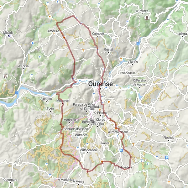 Karten-Miniaturansicht der Radinspiration "Rundfahrt durch Montelongo de Arriba, Mugares, Cudeiro und Taboadela" in Galicia, Spain. Erstellt vom Tarmacs.app-Routenplaner für Radtouren