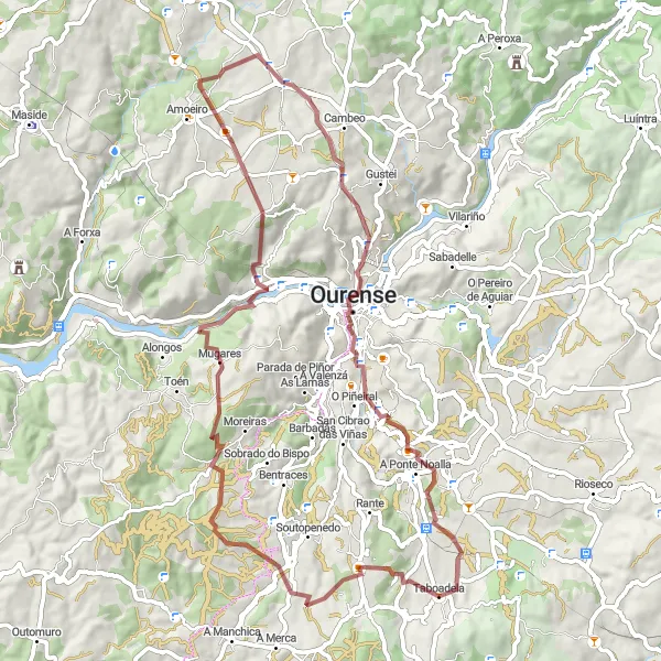 Map miniature of "Taboadela Loop via Montelongo de Arriba, Mugares and Cudeiro" cycling inspiration in Galicia, Spain. Generated by Tarmacs.app cycling route planner