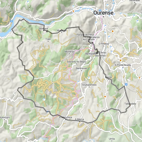 Map miniature of "Taboadela Loop via A Merca, Couxil, San Mamede de Puga, Barbadás and Taboadela" cycling inspiration in Galicia, Spain. Generated by Tarmacs.app cycling route planner