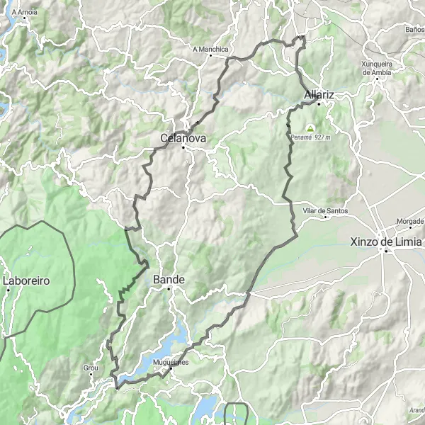 Map miniature of "Taboadela Loop via Allariz, Rairiz de Veiga, Muiños, As Quintas, Celanova and A Mezquita" cycling inspiration in Galicia, Spain. Generated by Tarmacs.app cycling route planner