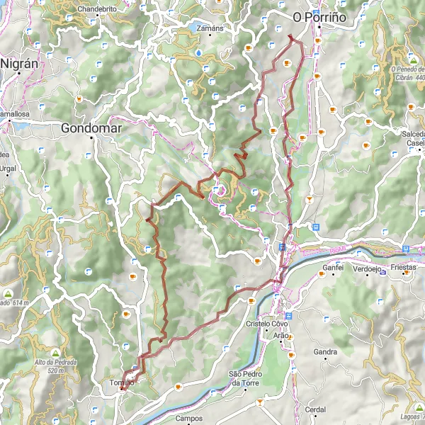 Miniature de la carte de l'inspiration cycliste "Exploration de Tui et A Cavadiña" dans la Galicia, Spain. Générée par le planificateur d'itinéraire cycliste Tarmacs.app