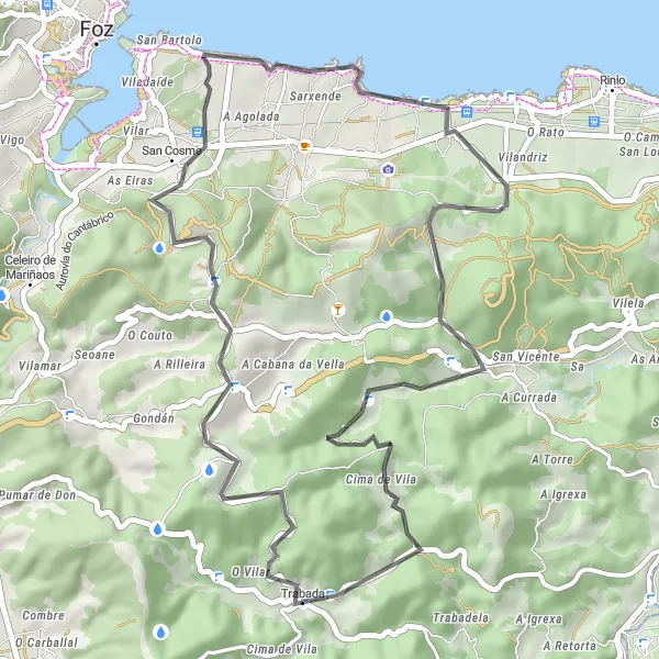 Miniaturní mapa "Trabada - Vilamartín Grande - Carriceiras - A Ponte - Trabada" inspirace pro cyklisty v oblasti Galicia, Spain. Vytvořeno pomocí plánovače tras Tarmacs.app