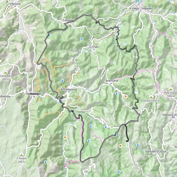 Miniaturní mapa "Trabada - Miradoiro do Río Eo - Guiar - Filso - Outeiro Grande o Pico Posadoiro - A Barraca - Vileimil" inspirace pro cyklisty v oblasti Galicia, Spain. Vytvořeno pomocí plánovače tras Tarmacs.app