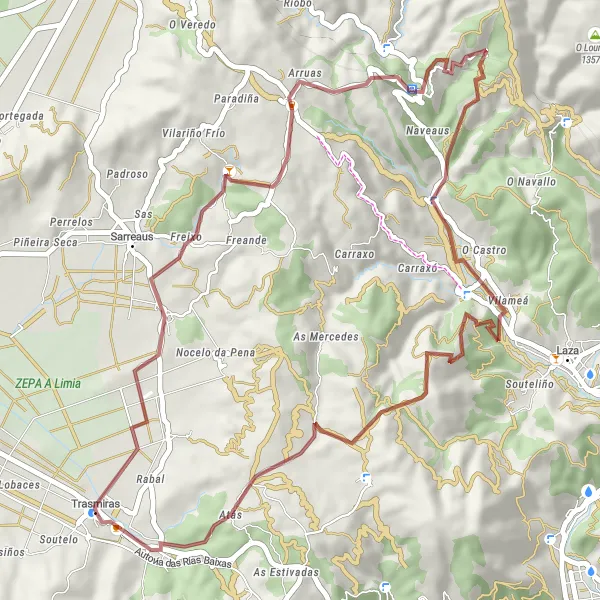 Miniaturní mapa "Gravelová cyklotrasa z Trasmiras (Galicie)" inspirace pro cyklisty v oblasti Galicia, Spain. Vytvořeno pomocí plánovače tras Tarmacs.app