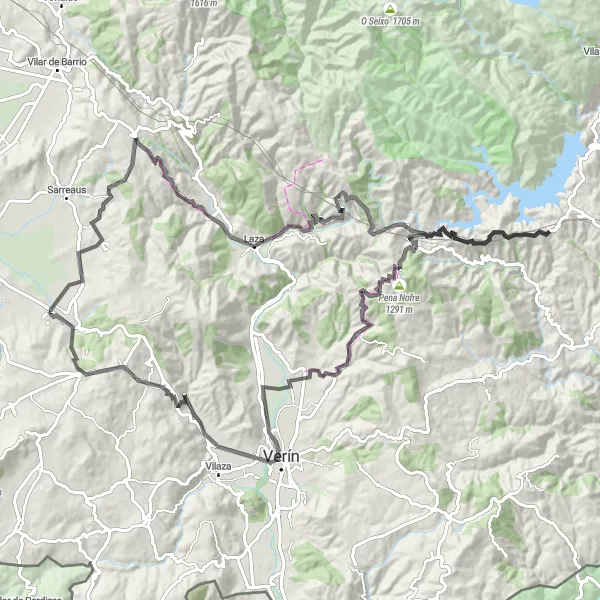 Miniature de la carte de l'inspiration cycliste "Les montagnes de Trasmiras" dans la Galicia, Spain. Générée par le planificateur d'itinéraire cycliste Tarmacs.app