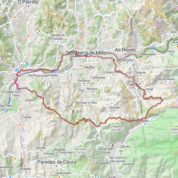 Miniatura della mappa di ispirazione al ciclismo "Attraverso Salvaterra de Miño a Valença" nella regione di Galicia, Spain. Generata da Tarmacs.app, pianificatore di rotte ciclistiche