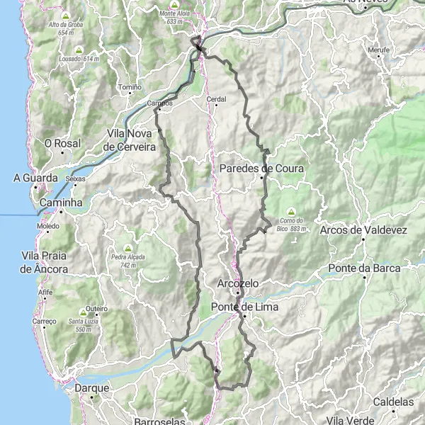 Miniaturní mapa "Road Taião Adventure" inspirace pro cyklisty v oblasti Galicia, Spain. Vytvořeno pomocí plánovače tras Tarmacs.app