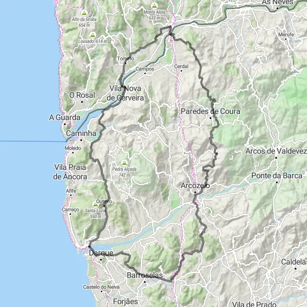 Miniaturní mapa "Road Vilar de Mouros Challenge" inspirace pro cyklisty v oblasti Galicia, Spain. Vytvořeno pomocí plánovače tras Tarmacs.app