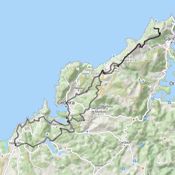 Miniatuurkaart van de fietsinspiratie "Serra da Capelada en O Toxo Route" in Galicia, Spain. Gemaakt door de Tarmacs.app fietsrouteplanner