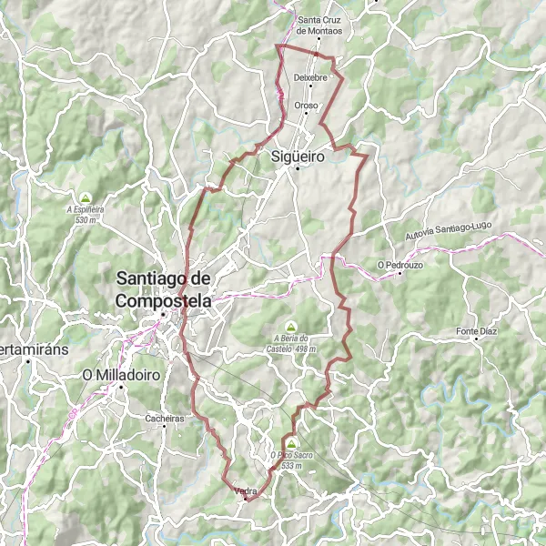 Map miniature of "Gravel Round-Trip from Vedra" cycling inspiration in Galicia, Spain. Generated by Tarmacs.app cycling route planner