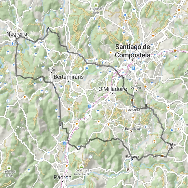 Miniatua del mapa de inspiración ciclista "Ruta de ciclismo de carretera hacia Vedra" en Galicia, Spain. Generado por Tarmacs.app planificador de rutas ciclistas
