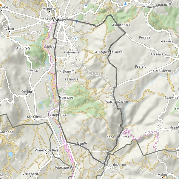 Map miniature of "Verín Road Adventure" cycling inspiration in Galicia, Spain. Generated by Tarmacs.app cycling route planner