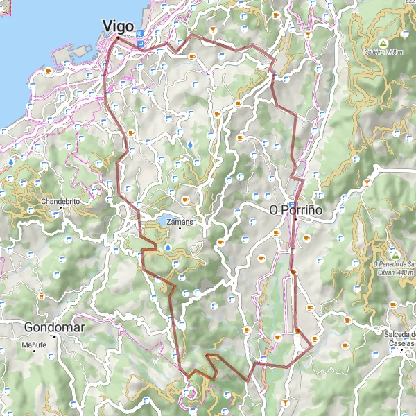 Miniaturekort af cykelinspirationen "Grusvejscykelrute omkring Vigo" i Galicia, Spain. Genereret af Tarmacs.app cykelruteplanlægger
