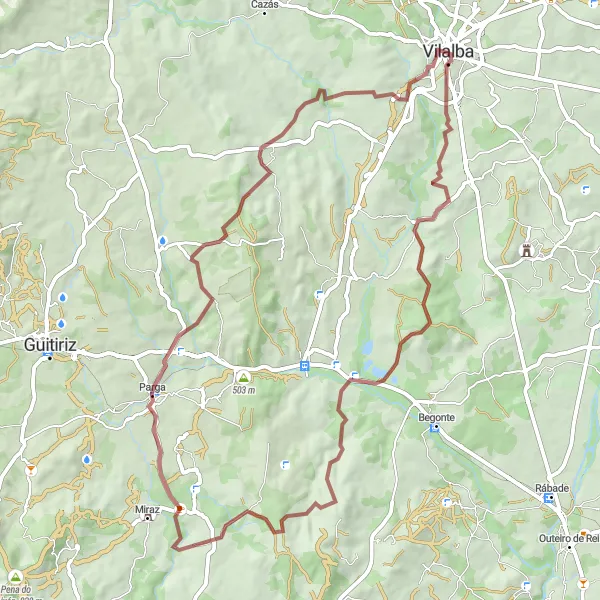 Miniatua del mapa de inspiración ciclista "Ruta en bicicleta de gravilla desde Vilalba" en Galicia, Spain. Generado por Tarmacs.app planificador de rutas ciclistas