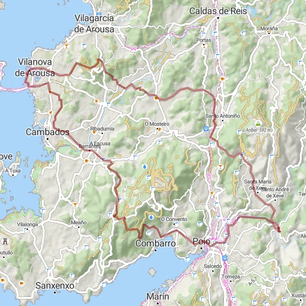 Map miniature of "Gravel Route around Vilanova de Arousa" cycling inspiration in Galicia, Spain. Generated by Tarmacs.app cycling route planner