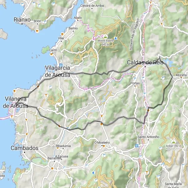 Map miniature of "Vilanova de Arousa - Caldas de Reis Loop" cycling inspiration in Galicia, Spain. Generated by Tarmacs.app cycling route planner