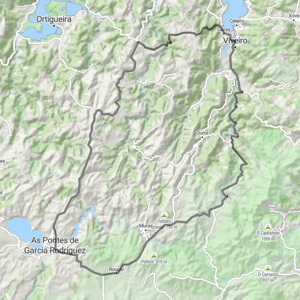 Miniatura della mappa di ispirazione al ciclismo "Giro in bici in strada tra paesaggi mozzafiato" nella regione di Galicia, Spain. Generata da Tarmacs.app, pianificatore di rotte ciclistiche