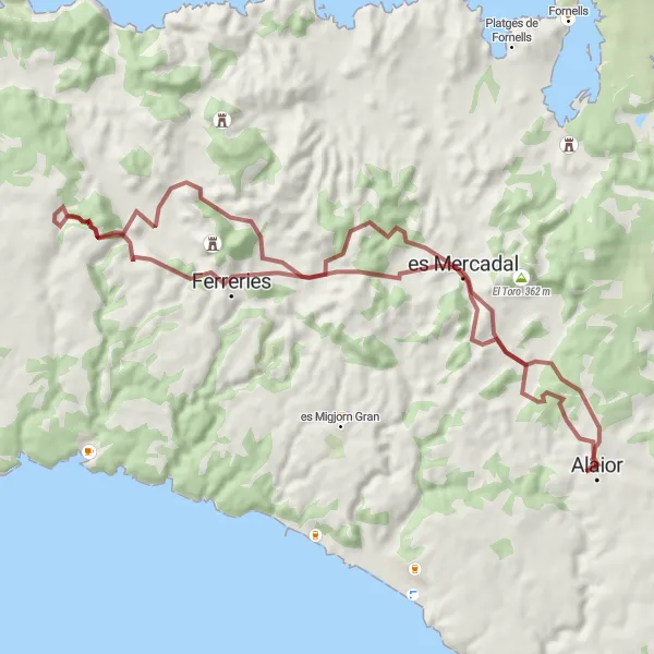 Miniatua del mapa de inspiración ciclista "Ruta de Gravel en Alaior" en Illes Balears, Spain. Generado por Tarmacs.app planificador de rutas ciclistas