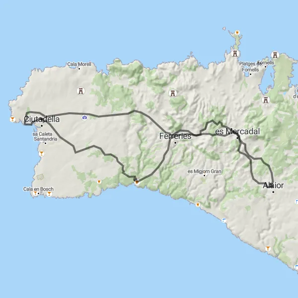 Miniatua del mapa de inspiración ciclista "Ruta en bicicleta de carretera por Menorca" en Illes Balears, Spain. Generado por Tarmacs.app planificador de rutas ciclistas