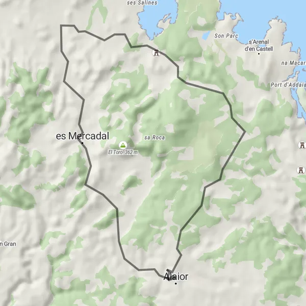 Miniaturní mapa "Cyklotrasa kolem Alaioru - Road" inspirace pro cyklisty v oblasti Illes Balears, Spain. Vytvořeno pomocí plánovače tras Tarmacs.app