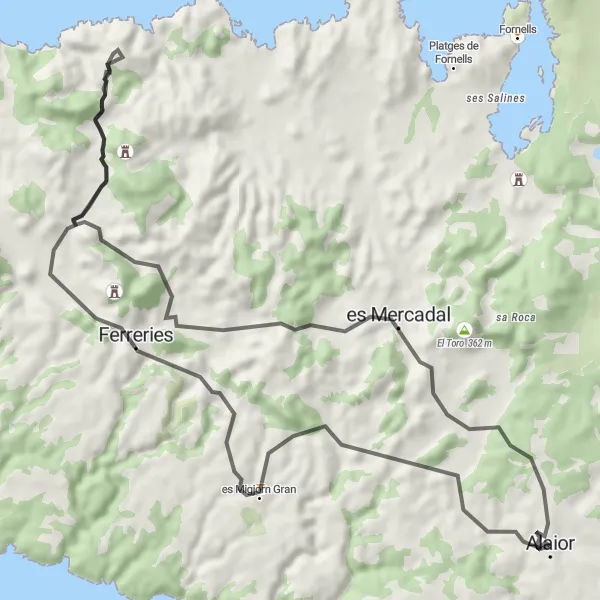 Miniatua del mapa de inspiración ciclista "Ruta en bicicleta de carretera desde Alaior" en Illes Balears, Spain. Generado por Tarmacs.app planificador de rutas ciclistas
