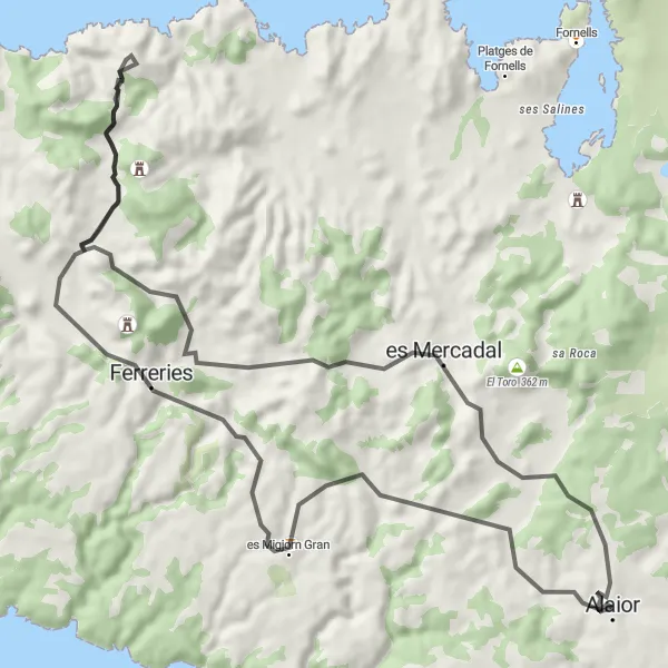 Miniatura della mappa di ispirazione al ciclismo "Esplorazione in bicicletta tra storia e natura di Menorca" nella regione di Illes Balears, Spain. Generata da Tarmacs.app, pianificatore di rotte ciclistiche