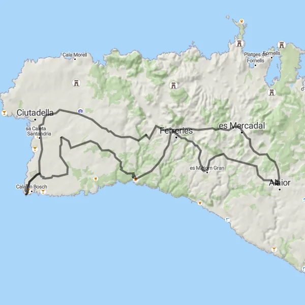 Map miniature of "Menorca Coastal Ride" cycling inspiration in Illes Balears, Spain. Generated by Tarmacs.app cycling route planner