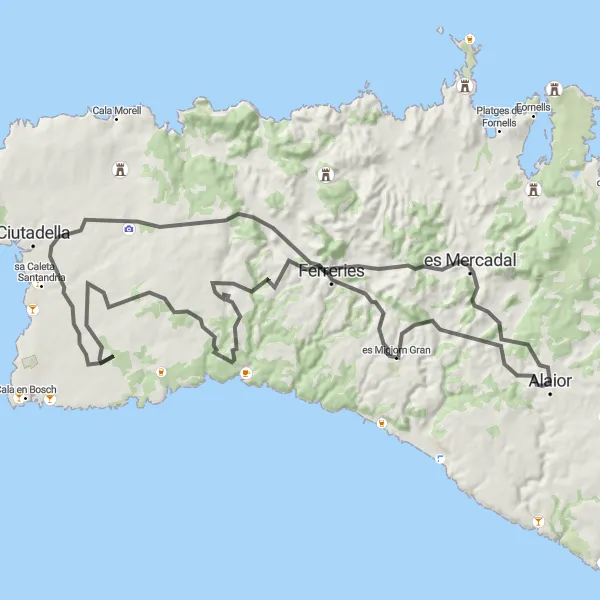 Miniatura della mappa di ispirazione al ciclismo "Tour delle Meraviglie di Minorca" nella regione di Illes Balears, Spain. Generata da Tarmacs.app, pianificatore di rotte ciclistiche
