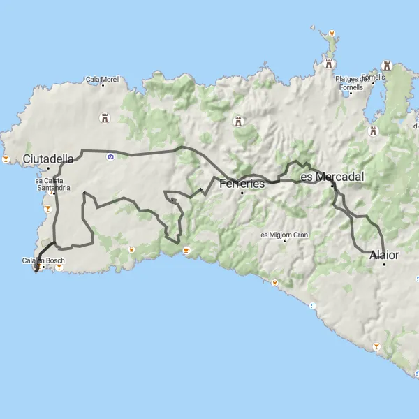 Miniatua del mapa de inspiración ciclista "Ruta de Ciclismo en Carretera desde Alaior" en Illes Balears, Spain. Generado por Tarmacs.app planificador de rutas ciclistas