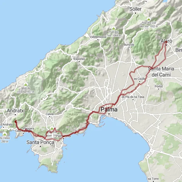 Miniatuurkaart van de fietsinspiratie "Gravelroute vanuit Alaró" in Illes Balears, Spain. Gemaakt door de Tarmacs.app fietsrouteplanner