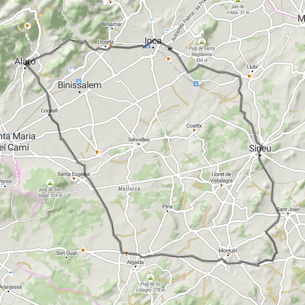 Miniatura della mappa di ispirazione al ciclismo "Giro in bicicletta su strada da Alaró" nella regione di Illes Balears, Spain. Generata da Tarmacs.app, pianificatore di rotte ciclistiche