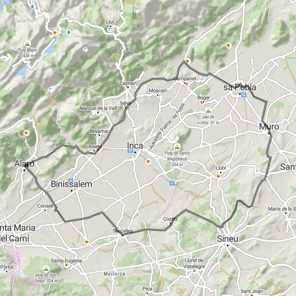 Miniatua del mapa de inspiración ciclista "Ruta Escénica por Alaró y Campanet" en Illes Balears, Spain. Generado por Tarmacs.app planificador de rutas ciclistas