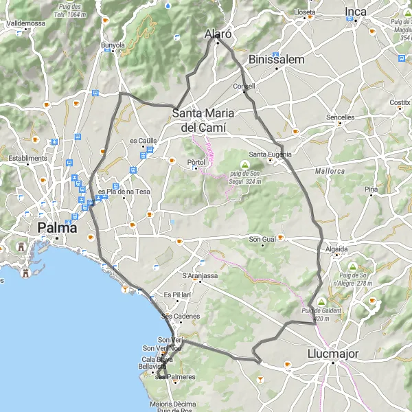 Map miniature of "Full Alaró Exploration" cycling inspiration in Illes Balears, Spain. Generated by Tarmacs.app cycling route planner