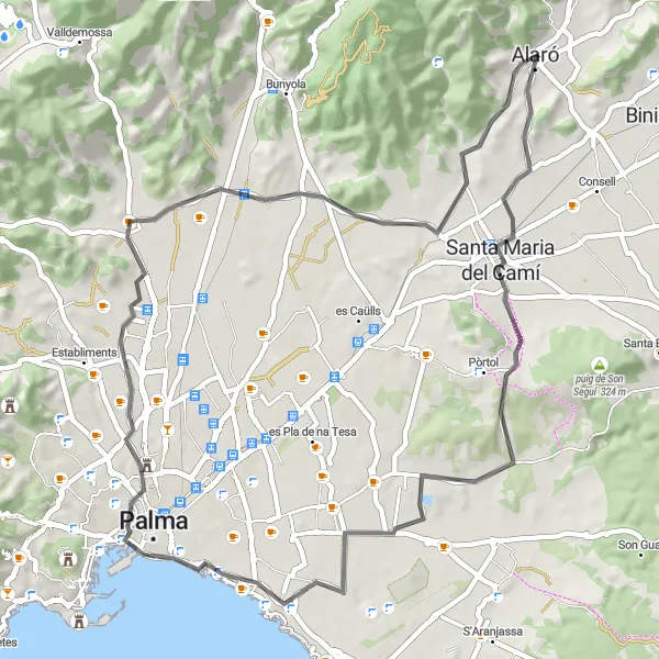 Map miniature of "Alaró and the Surrounding Hills" cycling inspiration in Illes Balears, Spain. Generated by Tarmacs.app cycling route planner