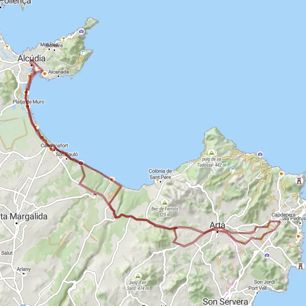 Miniatura mapy "Wycieczka gravelowa przez Pol·lèntię, Necròpolis de Son Real i Artà" - trasy rowerowej w Illes Balears, Spain. Wygenerowane przez planer tras rowerowych Tarmacs.app