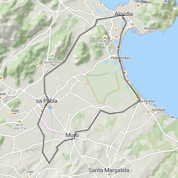 Map miniature of "Alcúdia to sa Pobla Loop" cycling inspiration in Illes Balears, Spain. Generated by Tarmacs.app cycling route planner