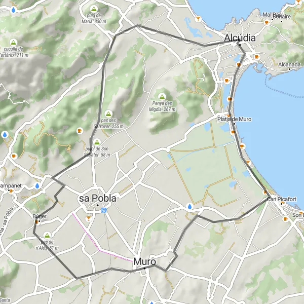 Miniatua del mapa de inspiración ciclista "Ruta en carretera cerca de Alcúdia" en Illes Balears, Spain. Generado por Tarmacs.app planificador de rutas ciclistas