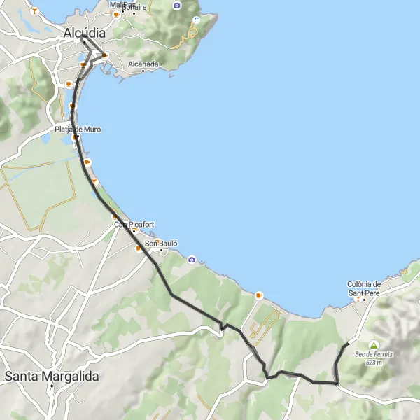 Miniatura della mappa di ispirazione al ciclismo "Esplorazione ciclistica tra Platja d'Alcúdia e Can Picafort" nella regione di Illes Balears, Spain. Generata da Tarmacs.app, pianificatore di rotte ciclistiche