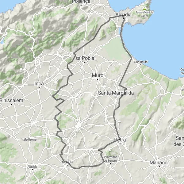 Map miniature of "Alcúdia to Montuïri Loop" cycling inspiration in Illes Balears, Spain. Generated by Tarmacs.app cycling route planner