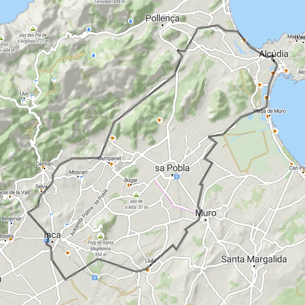 Miniatura della mappa di ispirazione al ciclismo "Scoperta in bici su strada vicino a Alcúdia" nella regione di Illes Balears, Spain. Generata da Tarmacs.app, pianificatore di rotte ciclistiche