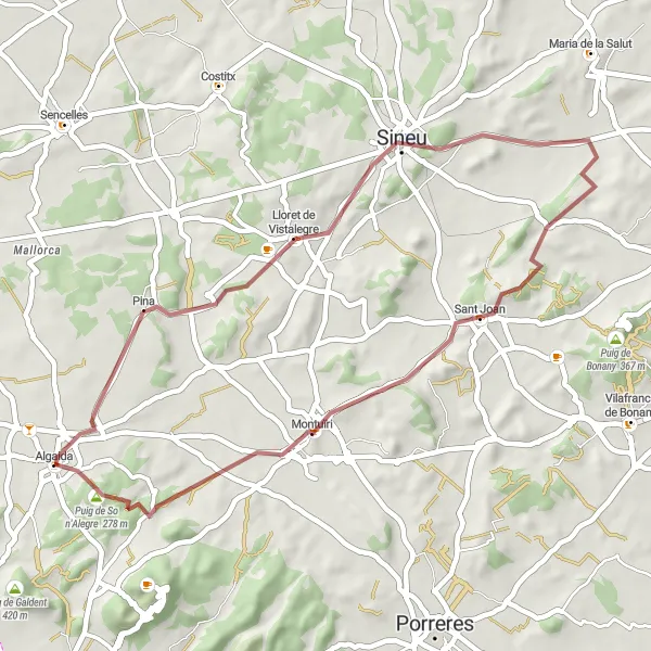 Miniature de la carte de l'inspiration cycliste "Tour de gravier vers Montuïri" dans la Illes Balears, Spain. Générée par le planificateur d'itinéraire cycliste Tarmacs.app