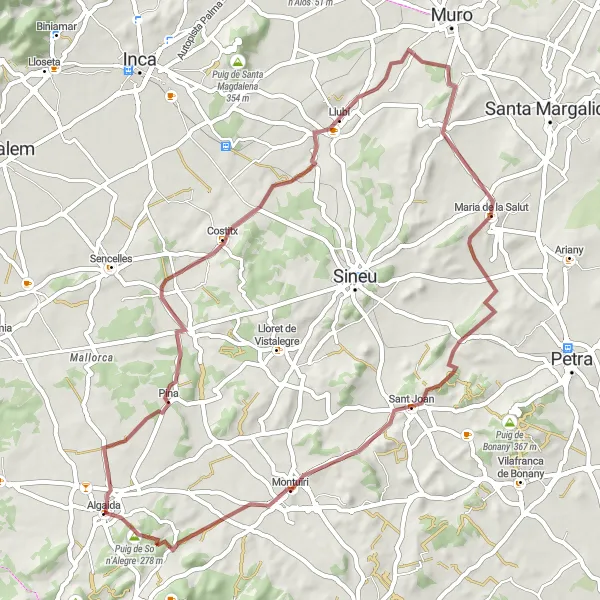 Karten-Miniaturansicht der Radinspiration "Herausforderung rund um Algaida" in Illes Balears, Spain. Erstellt vom Tarmacs.app-Routenplaner für Radtouren