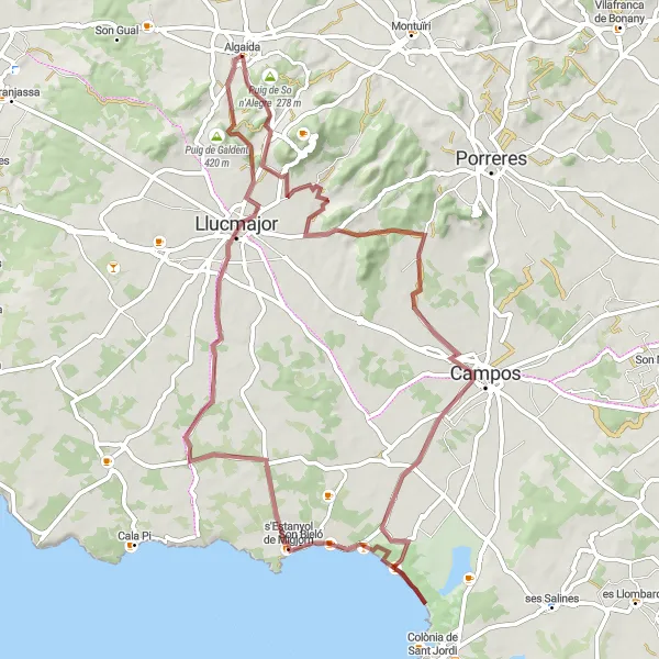 Miniatura mapy "Trasa Algaida - Randa - Puig de s'Escolà - Campos - Platja des Freu - s'Estanyol de Migjorn - Llucmajor - Puig de ses Bruixes - Algaida" - trasy rowerowej w Illes Balears, Spain. Wygenerowane przez planer tras rowerowych Tarmacs.app