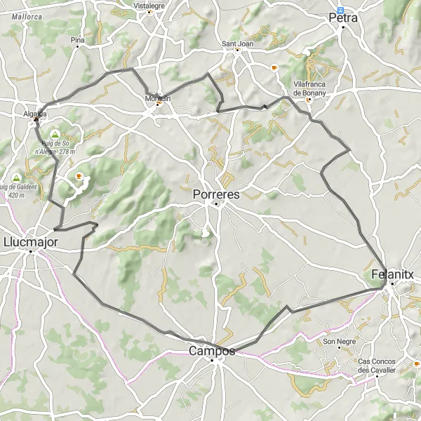 Miniatura della mappa di ispirazione al ciclismo "Giro Ciclistico Algaida - Felanitx - Algaida" nella regione di Illes Balears, Spain. Generata da Tarmacs.app, pianificatore di rotte ciclistiche