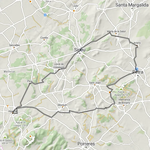 Miniatua del mapa de inspiración ciclista "Ruta en Bicicleta por Algaida y alrededores" en Illes Balears, Spain. Generado por Tarmacs.app planificador de rutas ciclistas