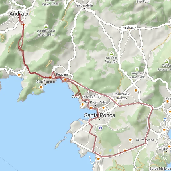 Map miniature of "Gravel Adventure to Puig Cornador" cycling inspiration in Illes Balears, Spain. Generated by Tarmacs.app cycling route planner