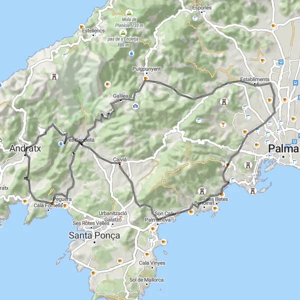 Map miniature of "Scenic Road Ride to Puig d'en Basset" cycling inspiration in Illes Balears, Spain. Generated by Tarmacs.app cycling route planner