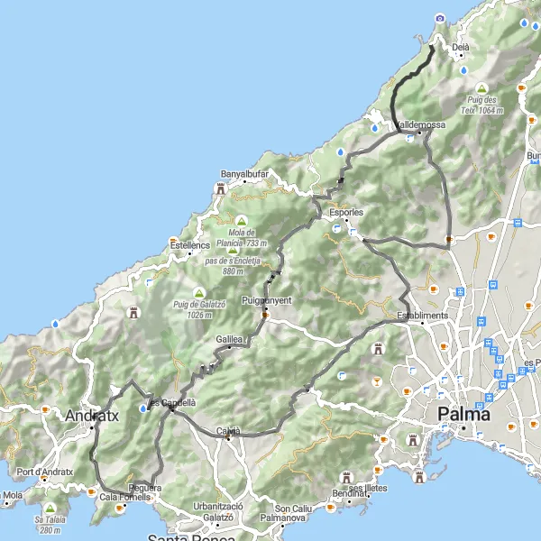 Miniaturní mapa "Okruží kolem Andratx a Puig des Vent" inspirace pro cyklisty v oblasti Illes Balears, Spain. Vytvořeno pomocí plánovače tras Tarmacs.app