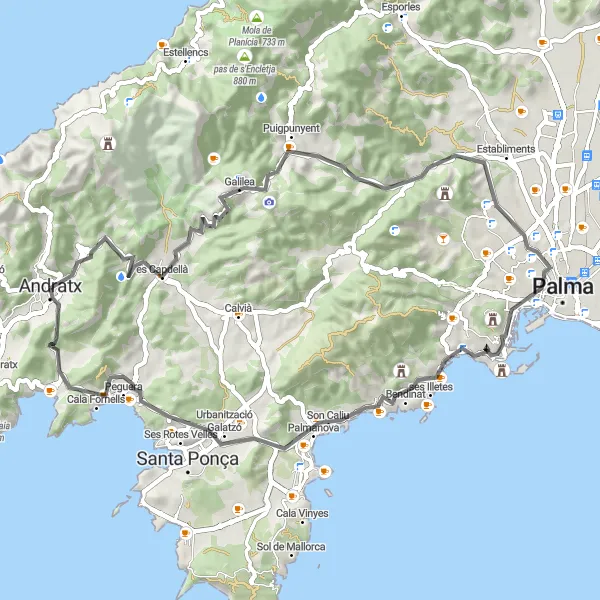 Karten-Miniaturansicht der Radinspiration "Rundweg über Coll de n'Esteve und Puigpunyent" in Illes Balears, Spain. Erstellt vom Tarmacs.app-Routenplaner für Radtouren